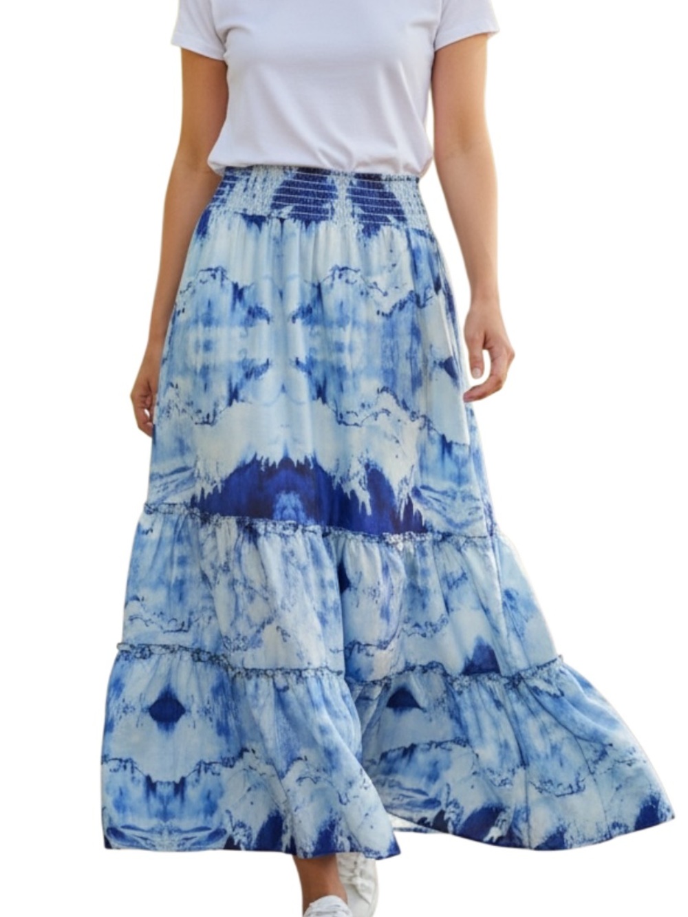 J Glee Women's Blue Tie-Dye Tiered Maxi Skirt with Smocked Waist